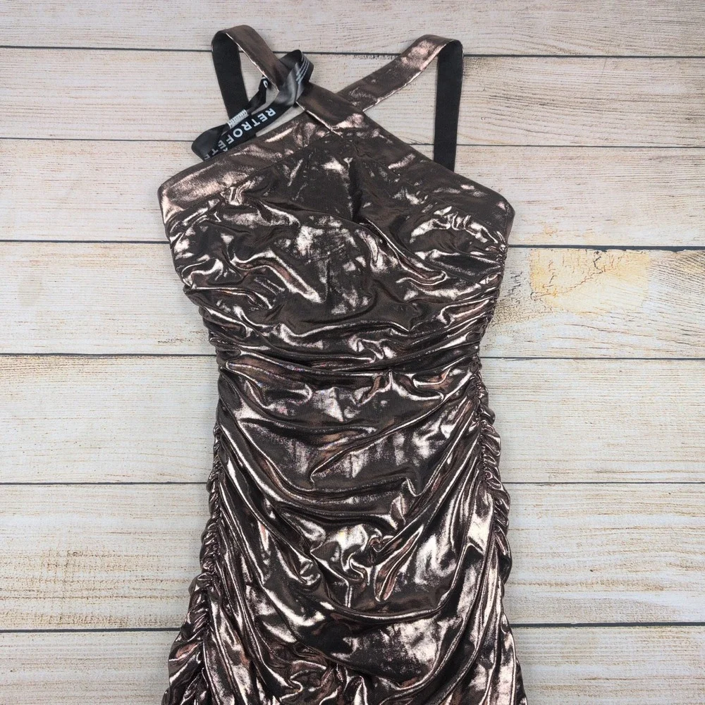 RETROFETE New York Metallic Rose Gold Ruched Halter Maxi Dress Size S - Picture 2 of 8